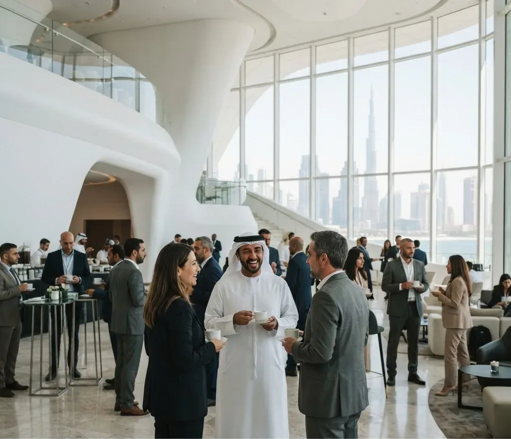Capital leaders networking over coffee in the Museum of the Future lobby